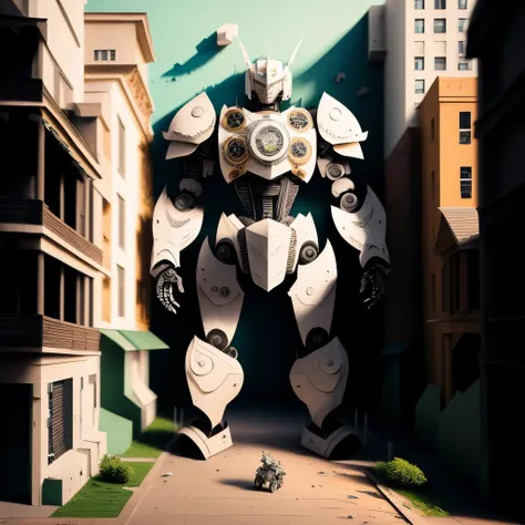 a (papercarvingcd, paper) armored robot, standing on street, (solo:1.2), <lora:papercarvingcd-000004:1.0>, no humans, high quality, masterpiece, realistic, photorealistic, (outdoors, cityscape)