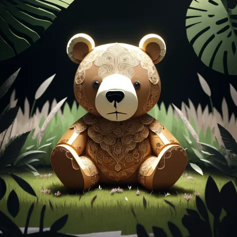 a (papercarvingcd, paper) bear, sitting on lawn, (solo:1.2), <lora:papercarvingcd-000004:1.0>, no humans, high quality, masterpiece, realistic, photorealistic, (outdoors, lawn)