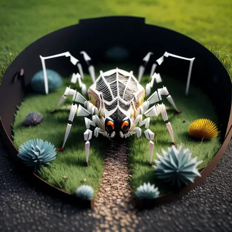 a (papercarvingcd, paper) (spider:1.2), standing on lawn, (solo:1.2), <lora:papercarvingcd-000005:0.9>, no humans, high quality, masterpiece, realistic, photorealistic, (outdoors, lawn)