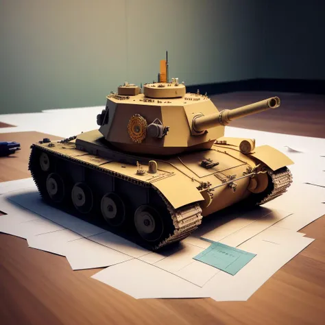 a (papercarvingcd, paper sculpture) tank, toy model, (solo:1.2), <lora:papercarvingcd-000004:0.8>, no humans, high quality, masterpiece, realistic, photorealistic, (indoors, on table)