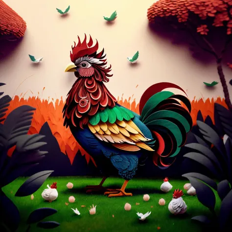 a (papercarvingcd, paper) rooster, standing on lawn, (solo:1.2), <lora:papercarvingcd-000005:0.9>, no humans, high quality, masterpiece, realistic, photorealistic, (outdoors, lawn)