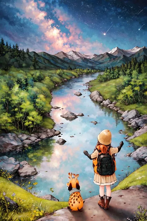 masterpiece, best quality, ultra-detailed, illustration, 1girl, solo, outdoors, night, mountains, green eyes, cheerful, happy, backpack, sleeping bag, camping stove, water bottle, mountain boots, gloves, sweater, hat, flashlight, forest, rocks, river, wood, smoke, shadows, contrast, clear sky, constellations, Milky Way, texture, detail, realism, depth, perspective, composition, from behind,
<lora:KoreanAeppol:0.85>