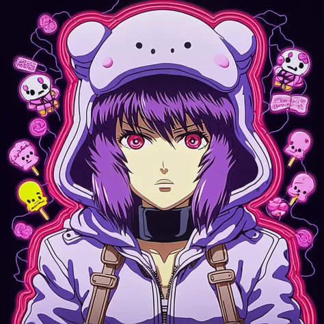 digital neon, A cotton candy with an anime ghost of the shell as the stick, with candies background, funny shot, psychodelic style, a banch of candy