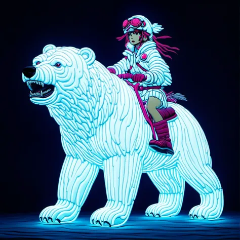 digital neon, Princess Mononoke riding on a polar bear, production cinematic character render, medium shot, ultra high quality model, cinematic background, Mysteriou