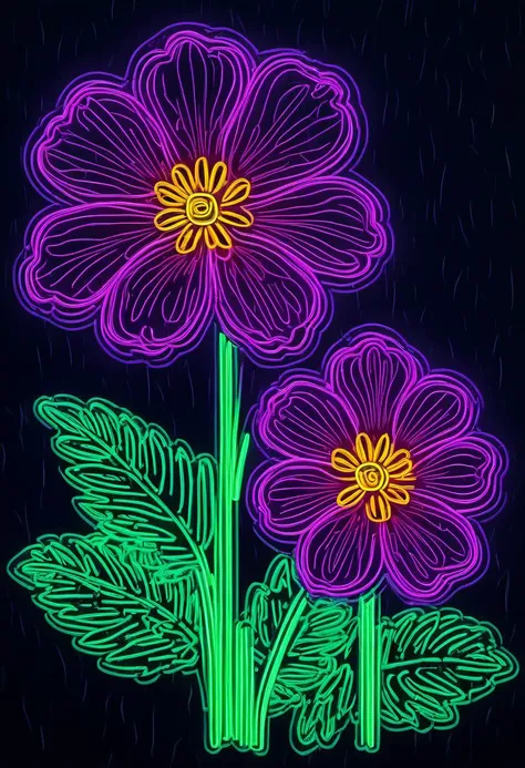 digital neon, (large flowers) flowers, waterdrops, botanical art style, rain forest, flower, 