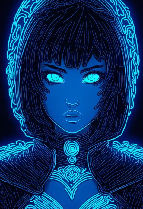 digital neon, LegendDarkFantasy,1girl,blue pupils,black hair,fear, half body,