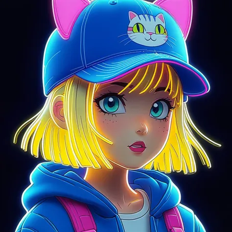 digital neon, Cute anime girl with a blonde square bob haircut in a baseball cap, with big eyes, with a cat, half body, HDR, sharp focus, comic style, Disney inspired, 2d, city street, cartoon, close up, smirc, side view, with the inscription "PIES" on the cap