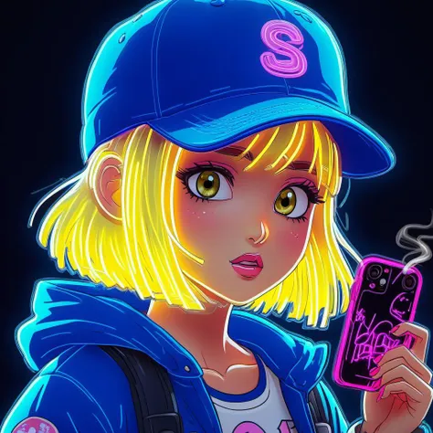 digital neon, Cute anime girl with a blonde square bob haircut in a baseball cap, with big eyes, with a phone in her hand, half body, HDR, sharp focus, comic style, Disney inspired, 2d, city street, cartoon, close up, smirc, side view, with the inscription "smoking" on the cap