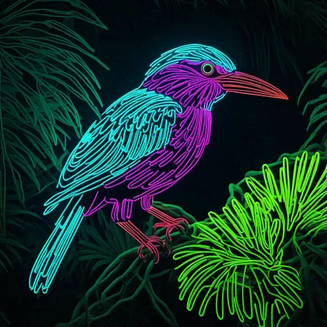 digital neon, Hirundinidae bird on dystopian tropical jungle, cinematic lighting