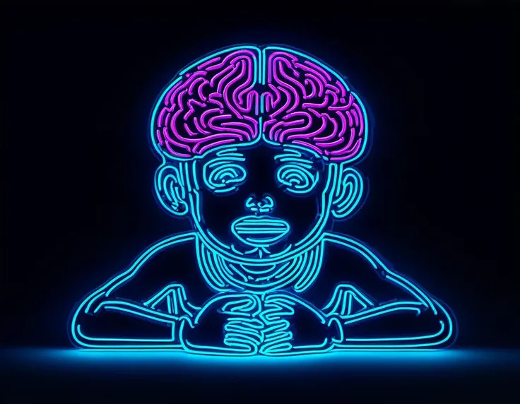 digital neon, A black background with a gradient from black in the bottom left corner to white in the top right corner. On the left side of the screen, there is a brain with a facial expression, crouched with knees hugged, conveying a sense of sadness. On the right side of the screen, a boy with a smiling face extends his hand towards the brain. Apart from the background, both the boy and the brain are in color, using no more than four different colors.