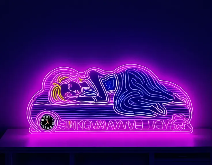 digital neon, at night a girl sleep on bed in her bedroom and have a sweet dream, clock, colorful