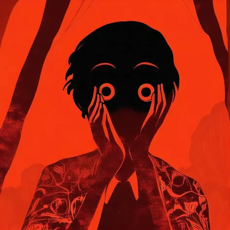 <lora:jmfenner5:1>, jmfenner, painting, background,hands on own cheeks, hands on own face, hands to face, parody, red eyes, short hair, solo, yandere, yandere trance