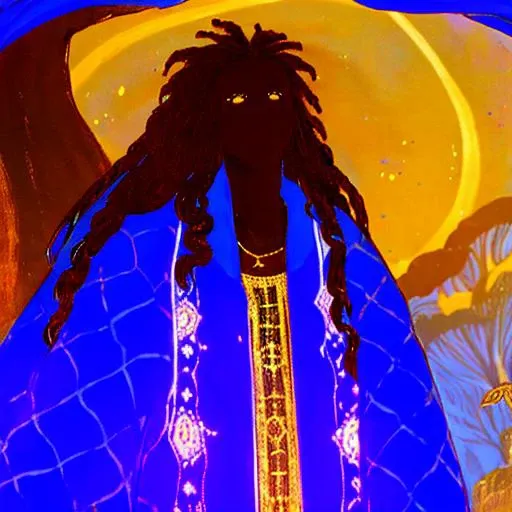jmfenner, painting, background <lora:jmfenner5:1>, solo, 1boy, male focus, male, (brown skin), (dark skin: 2), (brown hair), indian, colored skin, dreadlocks, (snake), snake pet, magic staff, (blue robe)