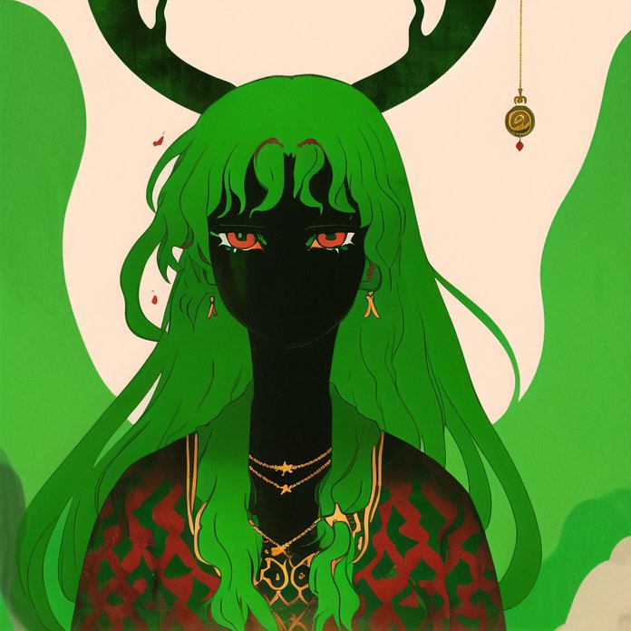 Anime girl with green hair and horns in front of a green background ...