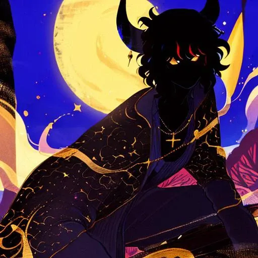 jmfenner, painting, background <lora:jmfenner5:1>, 1boy, black hair, gradient hair, horns,ring earrings, shirtless, traditional clothing, solo, outdoors, night moon, battle axe, ((tattoos)), buff chaotic man, (exotic black fluffy hair:1.2), ((spirit dragon)), buff man, muscles