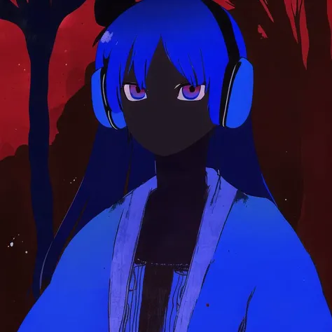 <lora:jmfenner5:1>, jmfenner, painting, background,1girl, blue eyes, blue hair, blush, cosplay, covered mouth, headphones, highres, konoha \(kagerou project\) \(cosplay\), long hair, oversized clothes, twintails