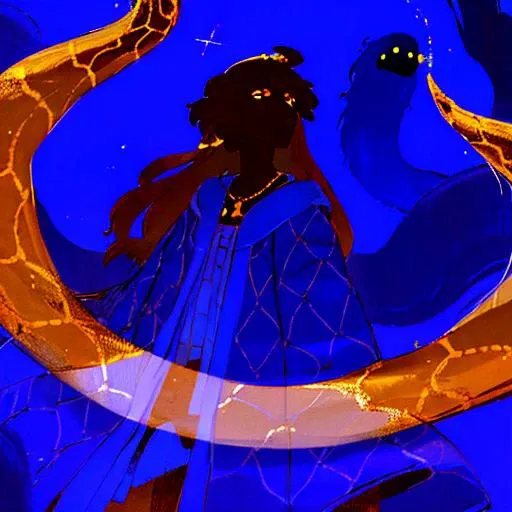 jmfenner, painting, background <lora:jmfenner5:1>, solo, 1boy, male focus, male, (brown skin), (dark skin: 2), (brown hair), indian, colored skin, dreadlocks, (snake), snake pet, magic staff, (blue robe)