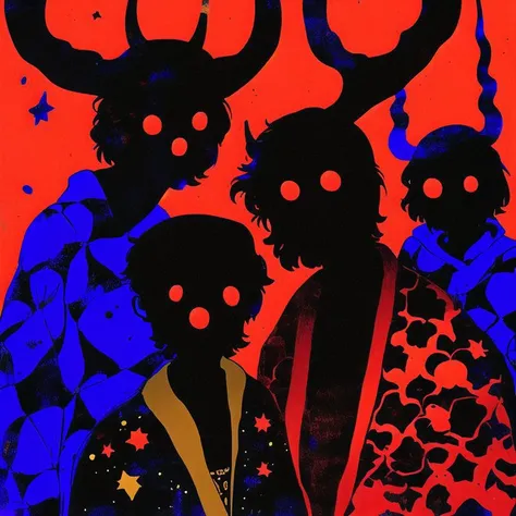 <lora:jmfenner5:1>, jmfenner, painting, background,2boys, , head scarf, horns, multiple boys, stone mask \(jojo\)