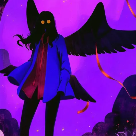 <lora:jmfenner5:1>, jmfenner, painting, background, black hair, bow \(weapon\), hair ribbon, hairband, high heels, highres, long hair, magical girl, pantyhose, ribbon, single wing, violet eyes, weapon, wings