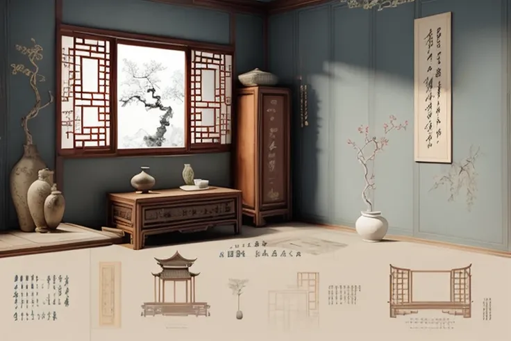 traditional chinese room,blue, <lora:中式建筑图纸:1>