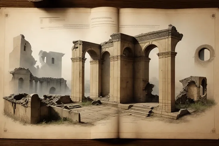 conceptual style architecture, ruins, rubble ruins, <lora:中式建筑图纸:1>