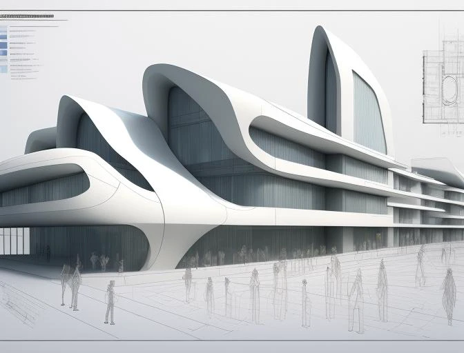 real-estate perspective of conceptual style architecture <lora:Architectural_:1>, Swedish architecture ((School building)) , Zaha Hadid style , detailed working drawings