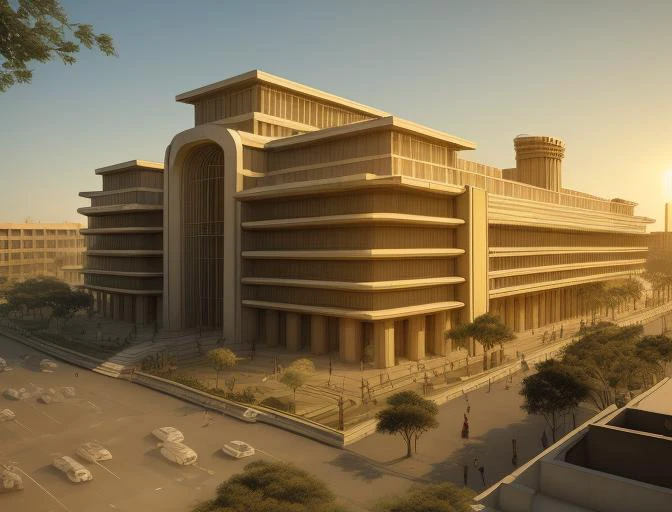 ((opera building)) perspective of conceptual style architecture <lora:Architectural_:1>, African hot climate architecture from bricks and wood and glass , minimalistic post-modern style , detailed working drawings , volumetric warm light lighting, dramatic , sustainability and green architecture