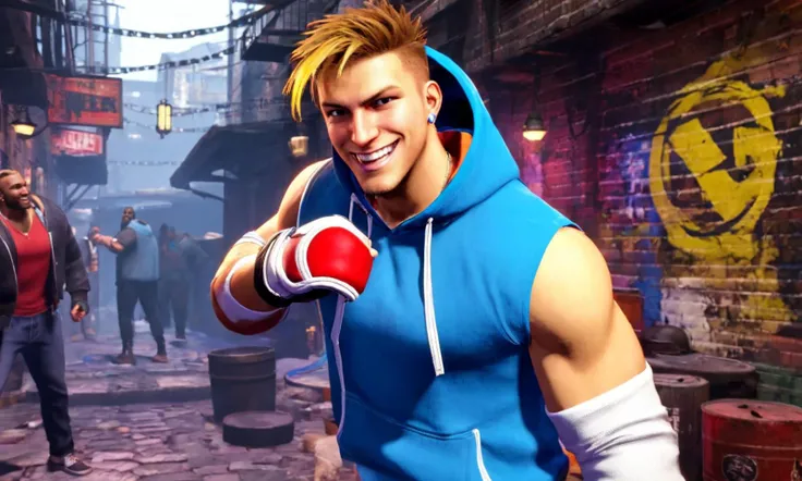 man in an alley punching, blue sleeveless hoodie, gloves, undercut, facial scars, smile, luke,  best quality, looking at viewer,  <lora:sf6sdxl:1>, sf6sdxl,  game cg, street fighter, vibrant colors, white shirt,