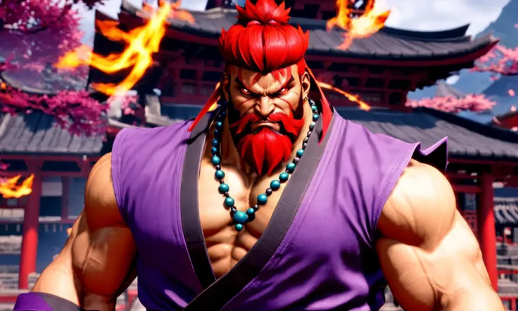 man in purple gi, sleeveless,Akuma , red hair, beard, ,dark powers,   best quality, looking at viewer,  <lora:sf6sdxl:1>, sf6sdxl,  game cg, street fighter, vibrant colors,prayer bead necklace, Japanese temple,