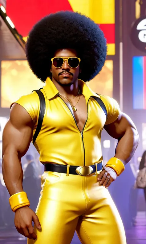 a black man with a big afro, best quality, looking at viewer, <lora:sf6sdxl:0.7>, sf6sdxl, game cg, street fighter, vibrant colors, sunglasses, yellow bodysuit, disco,