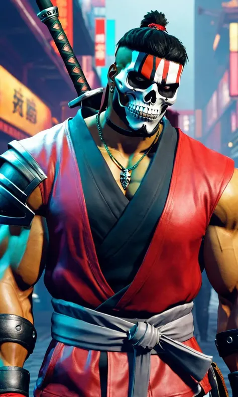 a man holding a sword, best quality, looking at viewer, <lora:sf6sdxl:0.7>, sf6sdxl, game cg, street fighter, vibrant colors, cyborg, skull face, katana, cyberpunk, cybernetics,