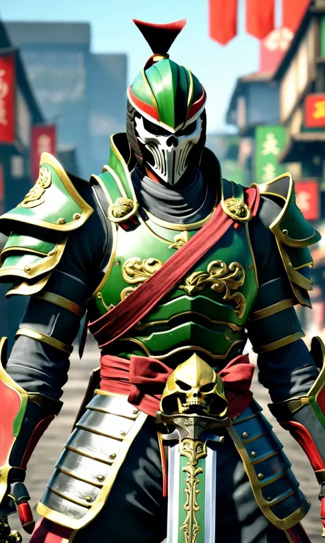 a man in armor holding a sword, Yoshimitsu,  best quality, looking at viewer,  <lora:sf6sdxl:0.7>, sf6sdxl,  game cg, street fighter, vibrant colors, cyborg, skull face, katana, cyberpunk ninja