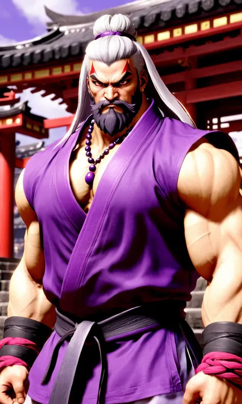 man in purple gi, sleeveless,Akuma , white hair, beard, ,dark powers,   best quality, looking at viewer,  <lora:sf6sdxl:1>, sf6sdxl,  game cg, street fighter, vibrant colors,prayer bead necklace, Japanese temple, long hair, messy hair,