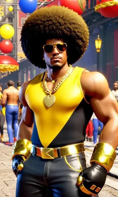 a black man with a big afro,  best quality, looking at viewer,  <lora:sf6sdxl:1>, sf6sdxl,  game cg, street fighter, vibrant colors, sunglasses, yellow bodysuit, disco, gold chain, fight gloves,