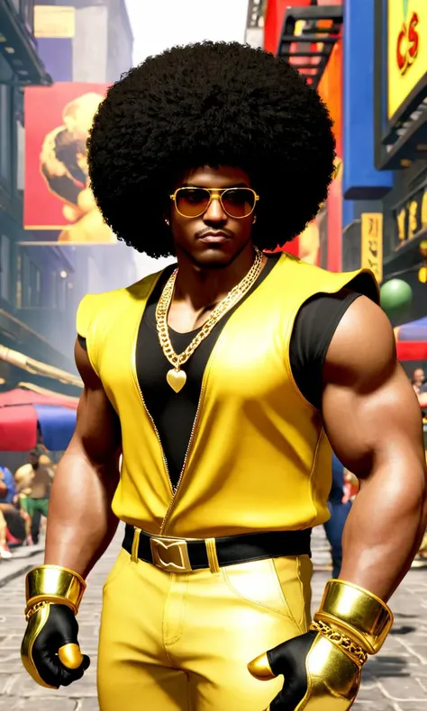 a black man with a big afro, best quality, looking at viewer, <lora:sf6sdxl:1>, sf6sdxl, game cg, street fighter, vibrant colors, sunglasses, yellow bodysuit, disco, gold chain, fight gloves,