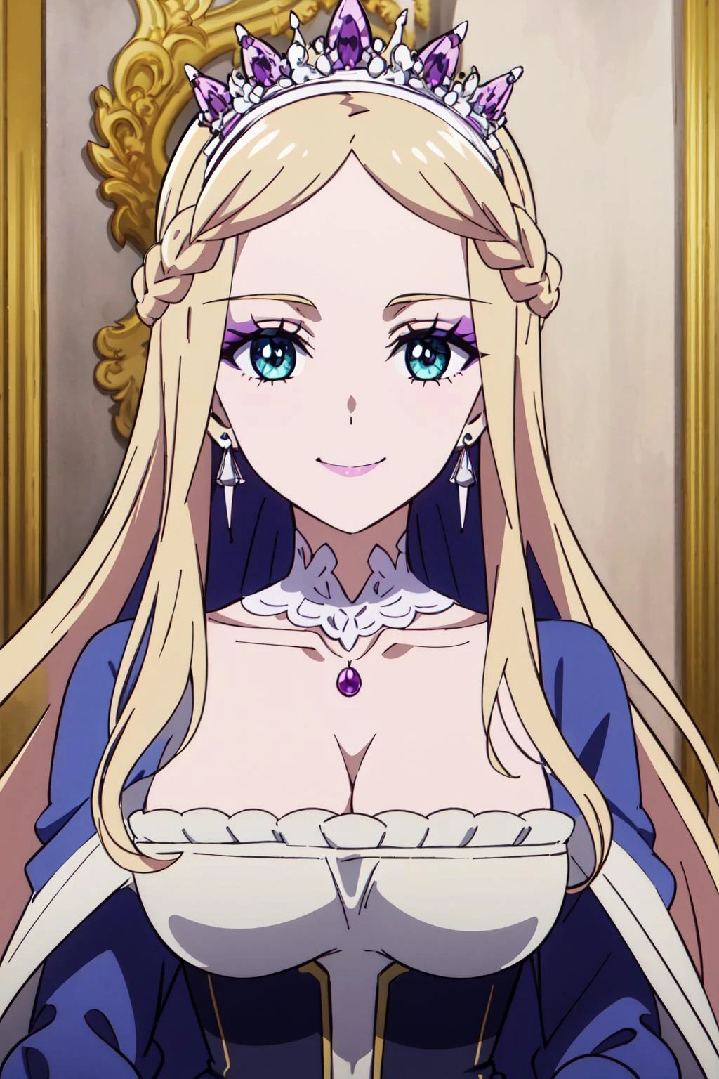 masterpiece,best quality,mature female,milf,rosa,1girl,solo,long hair,dress,,looking at viewer,smile,jewelry,cleavage,earrings,long sleeves,tiara,cape,puffy sleeves,large breasts,makeup,portrait,<lora:Rosa-000009:0.7>,