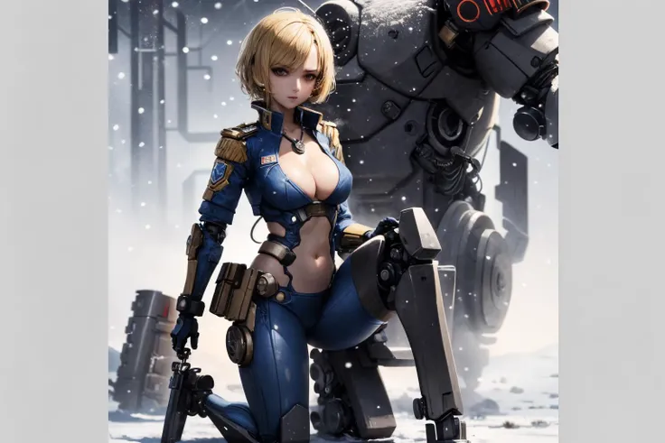 cyborg soldier, on one knee, short hair, blonde hair, uniform, tight clothes, cleavage, navel, mechanical legs,
masterpiece, best quality, highly detailed, detailed face, 1girl, solo,
absurdres, volumetric lighting, snowing,
<lora:dieselpunkai_9MB:0.5> dieselpunkai,
