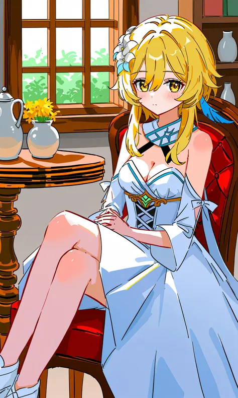 ((best quality)),((masterpiece)), <lora:genshin-lumine-ponyxl-lora-nochekaiser:1>lumine, bangs, blonde hair, hair ornament, hair between eyes, yellow eyes, flower, hair flower, feather hair ornament,dress, bare shoulders, detached sleeves, scarf, white dress, white footwear, cleavage, detached collar,, A serene sleeping alcove, centered around a comforting bed, complemented by a chair, a neat table, and a window framing nature's beauty, with a soulful artwork watching over.