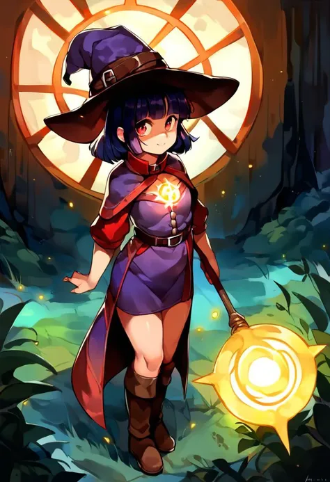 "score_9_photography, score_8_detail, score_7_sfw, A young female anime witch, wearing a large purple hat and dark-colored outfit, with a (glowing rune symbol lit up on her chest.:1.55) She stands confidently with a magical staff in one hand, against the backdrop of an ancient, mystical forest at twilight, full body."






