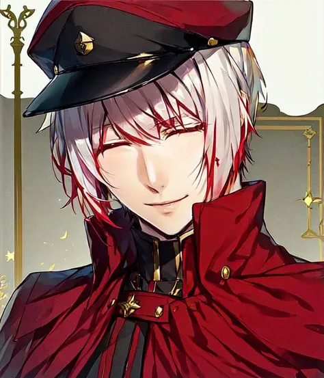 <lora:Saigiku_Jouno:0.8>, 1boy, male focus, solo, :D, closed eyes, smile, military, red military cap, red headwear, male focus, white hair with red tips, <lora:Riri_artstyle:1>