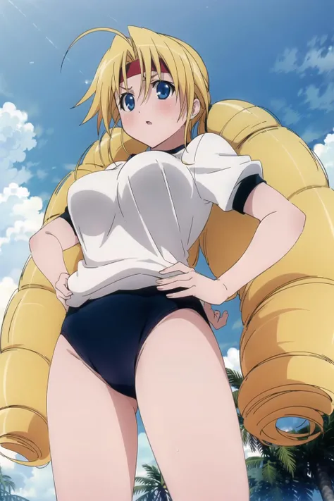 sernia_iori_flameheart, drill hair, buruma, 1girl, gym_uniform, breasts, solo, blush, sky, day, cloud, from_below, shirt, hand_on_hip, black_buruma, outdoors, thighs