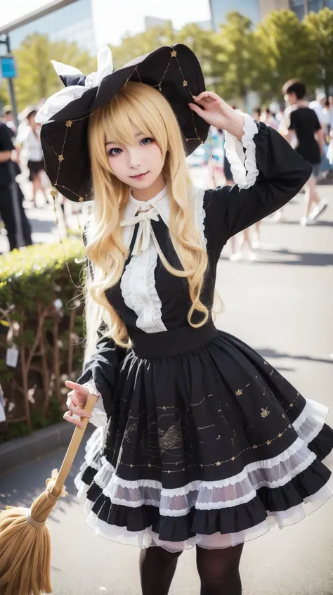 masterpiece, best quality, Blonde, <lora:Kirisame-Marisa-cosplay:0.7>, Kirisame-Marisa-cosplay, Black dress, Frills, Print, Small breasts, Broom