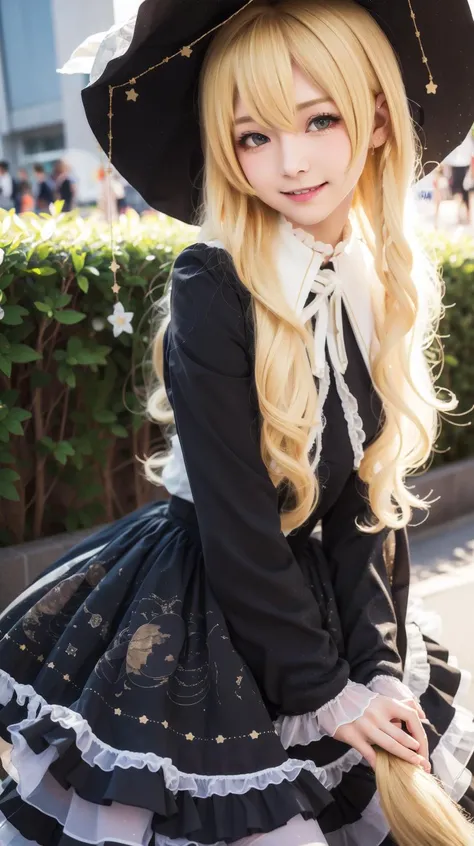 Close up smile, masterpiece, best quality, Blonde, <lora:Kirisame-Marisa-cosplay:0.7>, Kirisame-Marisa-cosplay, Black dress, Frills, Print, Small breasts, Cute