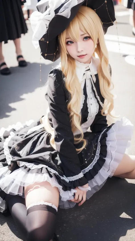Full body, masterpiece, best quality, Blonde, <lora:Kirisame-Marisa-cosplay:0.7>, Kirisame-Marisa-cosplay, Black dress, Frills, Print, Small breasts, Cute