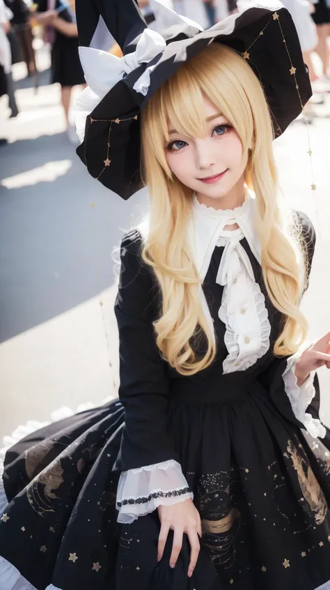 Close up smile, masterpiece, best quality, Blonde, <lora:Kirisame-Marisa-cosplay:0.7>, Kirisame-Marisa-cosplay, Black dress, Frills, Print, Small breasts