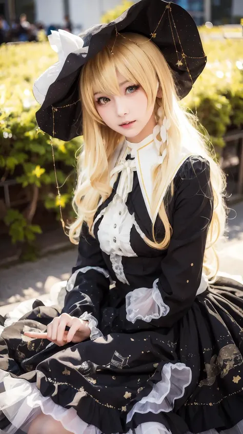 masterpiece, best quality, Blonde, <lora:Kirisame-Marisa-cosplay:0.7>, Kirisame-Marisa-cosplay, Black dress, Frills, Print, Small breasts, Yellow eyes