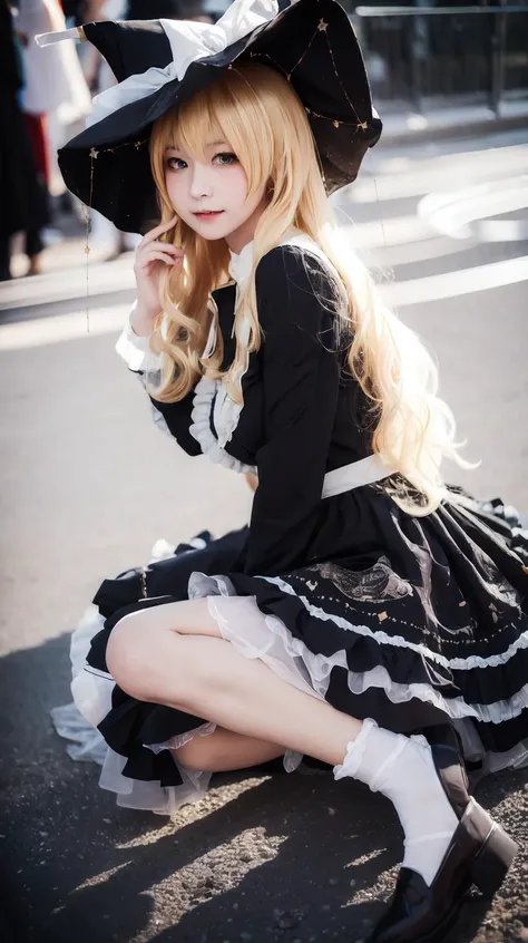 Portrait, masterpiece, best quality, Blonde, <lora:Kirisame-Marisa-cosplay:0.7>, Kirisame-Marisa-cosplay, Black dress, Frills, Print, Small breasts