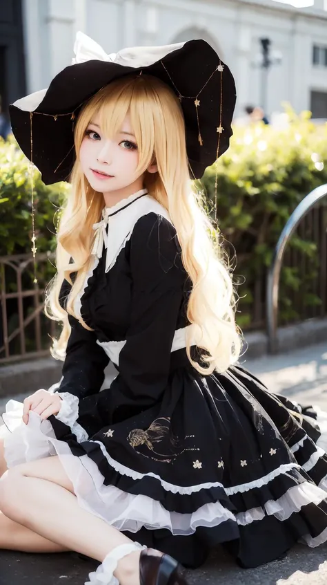 Portrait, masterpiece, best quality, Blonde, <lora:Kirisame-Marisa-cosplay:0.7>, Kirisame-Marisa-cosplay, Black dress, Frills, Print, Small breasts
