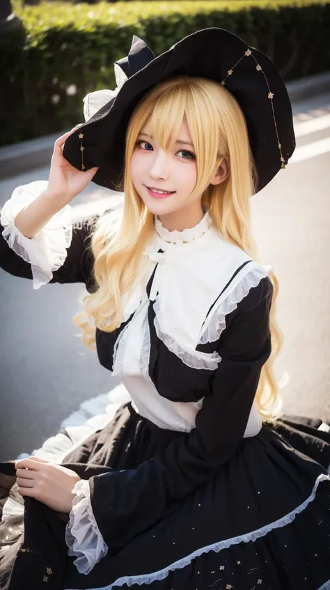 Close up smile, masterpiece, best quality, Blonde, <lora:Kirisame-Marisa-cosplay:0.7>, Kirisame-Marisa-cosplay, Black dress, Frills, Print, Small breasts