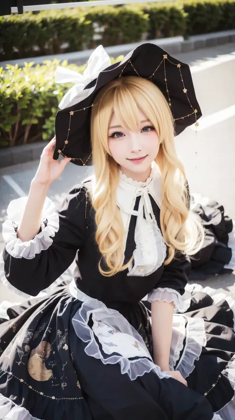 Close up smile, masterpiece, best quality, Blonde, <lora:Kirisame-Marisa-cosplay:0.7>, Kirisame-Marisa-cosplay, Black dress, Frills, Print, Small breasts